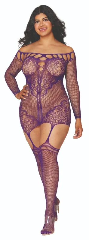 Sexy prom dresses for a memorable nightCurvy Off Shoulder Fishnet Bodystocking Dress with Lace Accents