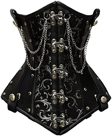 Velvet bustiers for a soft and plush feelGoel Silver Brocade & Faux Leather Underbust Corset With Chain Details