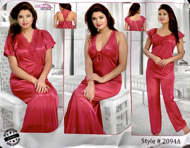 Women's Satin Sleepwear Lingerie Romantic Nightwear - 4Pcs Bridal Nighty Sets - 2094 - Long Nighty with Gown & Pajama Set