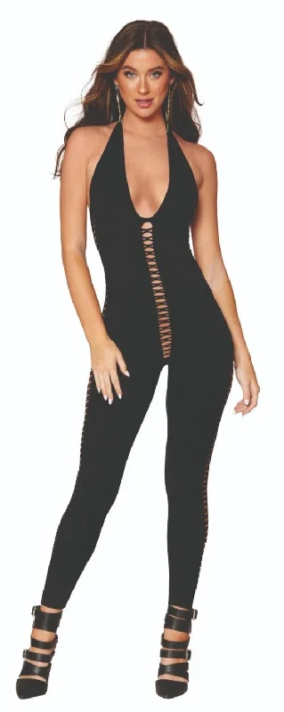 Stretchable stockings for a customizable fitHalter Catsuit Bodystocking with Crisscross Detailing