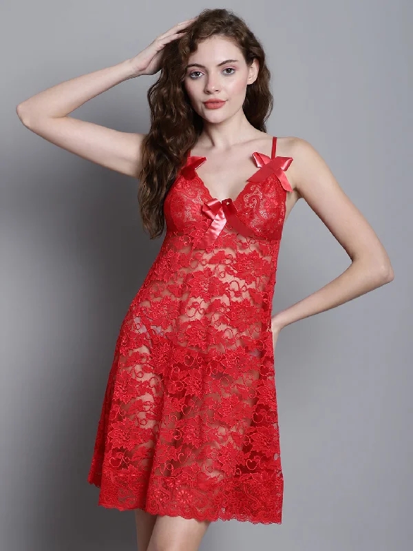 Ruffled sexy dresses for a playful lookBabydoll Intricate Floral Lacy Dress - Red