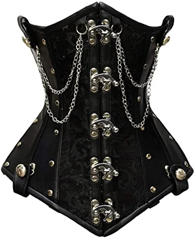 Bohemian - style corsets with tassels and embroideryStaier Black Brocade & Faux Leather Underbust Corset With Chain Details