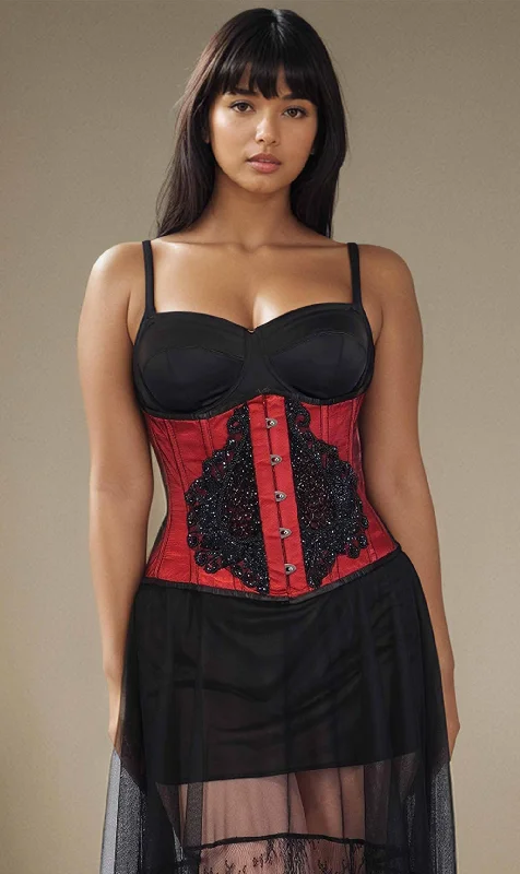 Adjustable - strap bustiers for a customized fitAriah Red Satin Lace Overlay Couture Corset