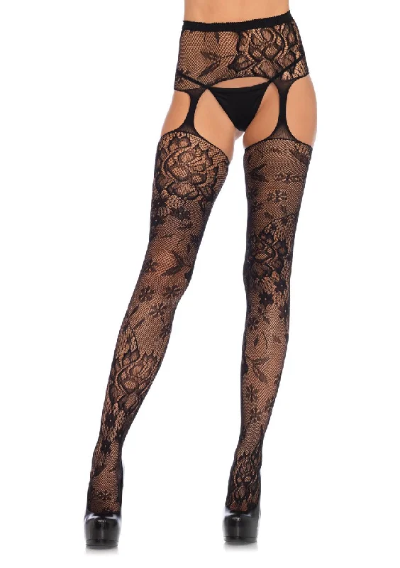 Patterned stockings with polka dotsFloral Lace Stockings With Attached Waist Garterbelt - Black - One Size