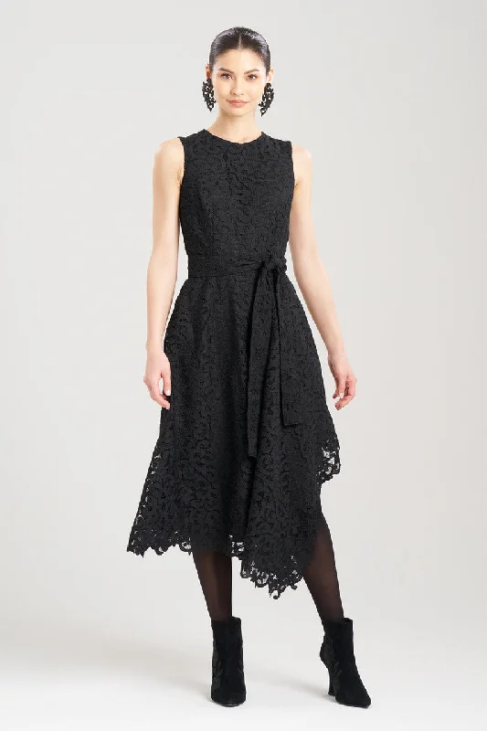 Lace - covered sexy dresses for a feminine allureScroll Lace Asymmetric Belted Dress Lace - covered sexy dresses for a feminine allureScroll Lace Asymmetric Belted Dress