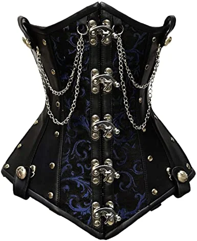 Silk bustiers for a luxurious and smooth feelRueber Blue Brocade & Faux Leather Underbust Corset With Chain Details