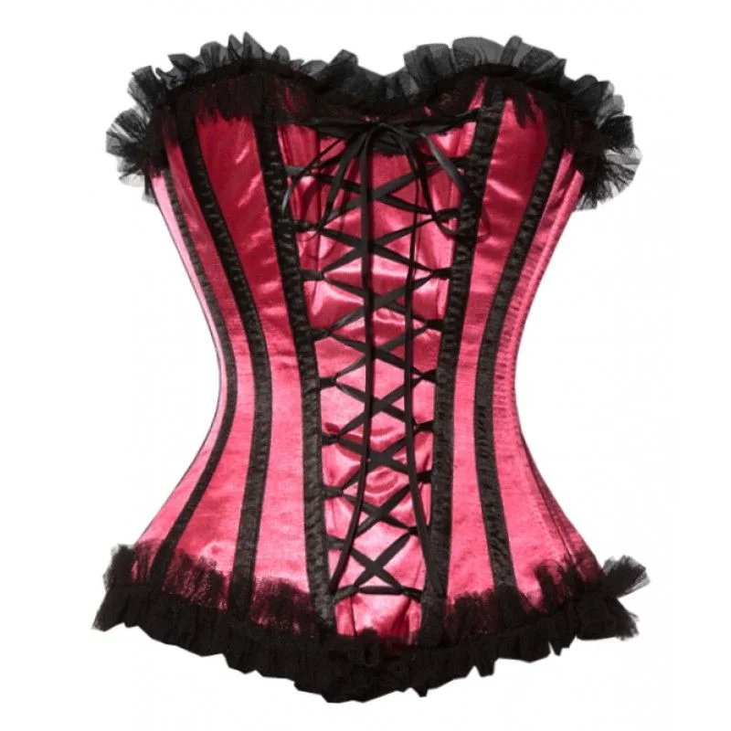 Victorian - era corsets with intricate boning detailsBrunilda Magenta Corset with Black Tulle Trim and Criss Cross Ribbon