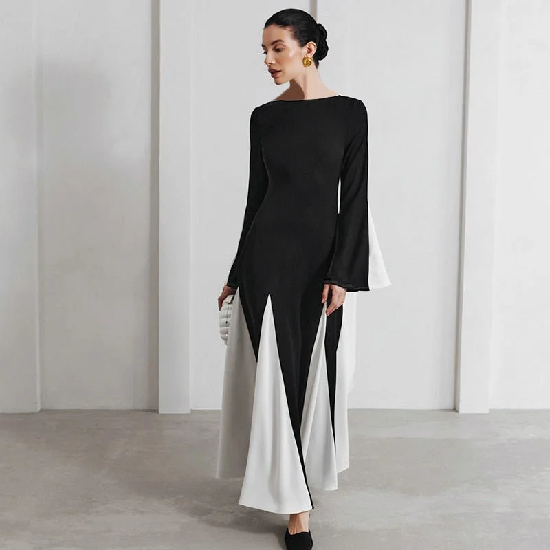 Halter - neck sexy cocktail dresses for a formal eventWinter new black and white contrast stitching long sleeve waist dress
