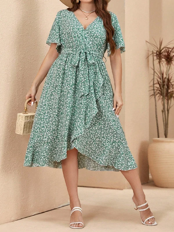 Fringe - trimmed sexy dresses for a 1920s - inspired lookSHEIN Unity Plus Size Floral Print V-Neck Ruffle Sleeve Dress