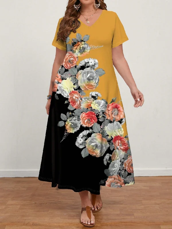 High - necked sexy dresses with a low - back detailEMERY ROSE Women'S Plus Size Rose Flower Printed Short Sleeve Long Dress