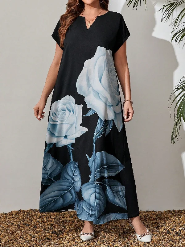 Ruched sexy dresses to accentuate curvesEMERY ROSE Plus Size Women'S Colorblock Floral Print Notched Neck Long Summer Dress