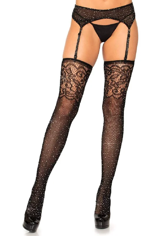 Seamed stockings for a vintage lookRhinestone Lace Top Fishnet Stockings - One Size - Black