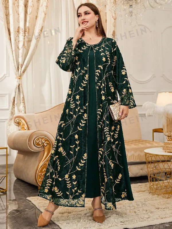 Satin sexy dresses with a shiny finishSHEIN Modely Plus Flower Embroidered Contrast Lace Overlay Tunic Dress