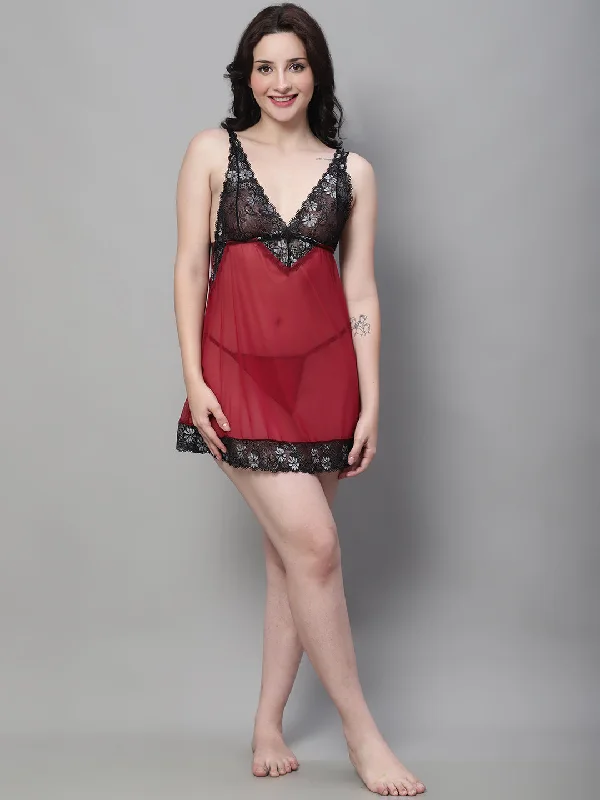 Halter - neck sexy cocktail dresses for a formal eventBabydoll Overall Net V Neck Dress - Maroon