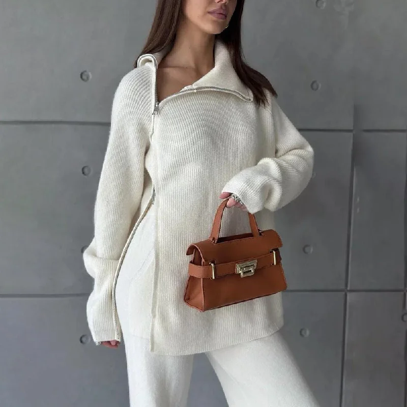 Women's Tummy Control Lingerie High collar zipper knitted sweater women's suit, stylish wide-leg two-piece suit