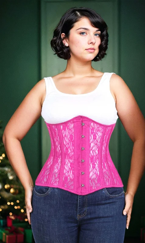 White bustiers for a pure and innocent aestheticUnderbust Fuchsia Mesh with Lace Long Corset