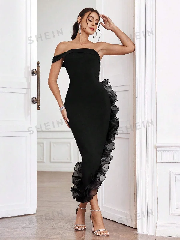 Sexy lingerie - inspired dresses for a seductive look at homeSHEIN Privé Asymmetrical Off Shoulder Dress With 3d Ruffle Decoration On The Hem