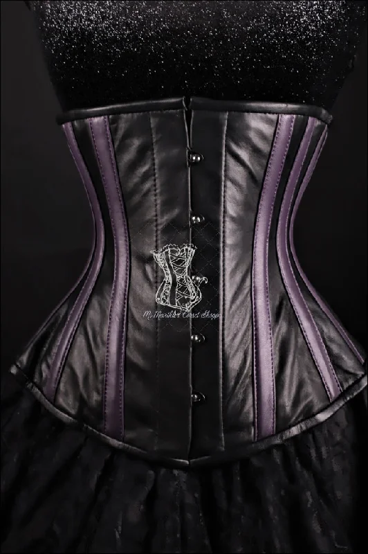 Leather bustiers for a bold and edgy lookLeather Underbust Cincher; Striped in Black & Purple