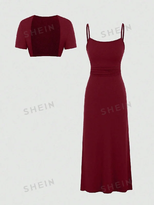 Blue sexy dresses in various shades for a cool aestheticSHEIN MOD Women's Summer Solid Color Short Sleeve Cardigan And Slip Dress Two-Piece Set