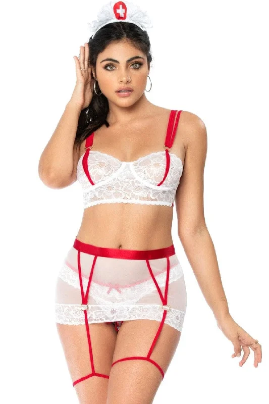 Catgirl Cosplay Lingerie for Women4 Piece Detachable Skirt Nurse Costume Set
