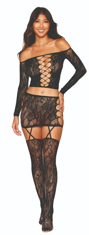 Anti - odor stockings for long - day freshnessLace Whisper Garter Skirt & Top Stocking Set
