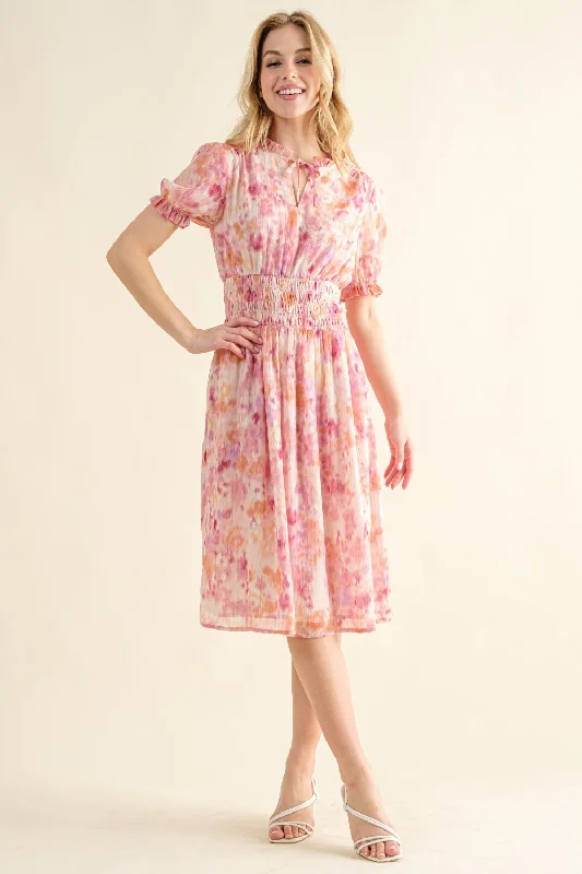Sexy wedding guest dresses for a formal celebrationAnd The Why Full Size Smocked Waist Printed Midi Dress