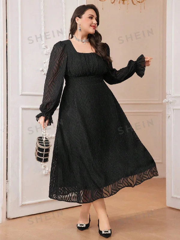 Black sexy dresses for a classic and sophisticated lookSHEIN Modely Plus Size Women'S Square Collar Lotus Leaf Sleeve Long Dress