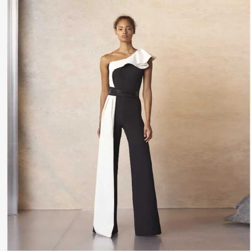 Women's Corset Style Lingerie Long Black and White Contrast Sleeveless Slim Fit Splicing Solid Color Jumpsuit