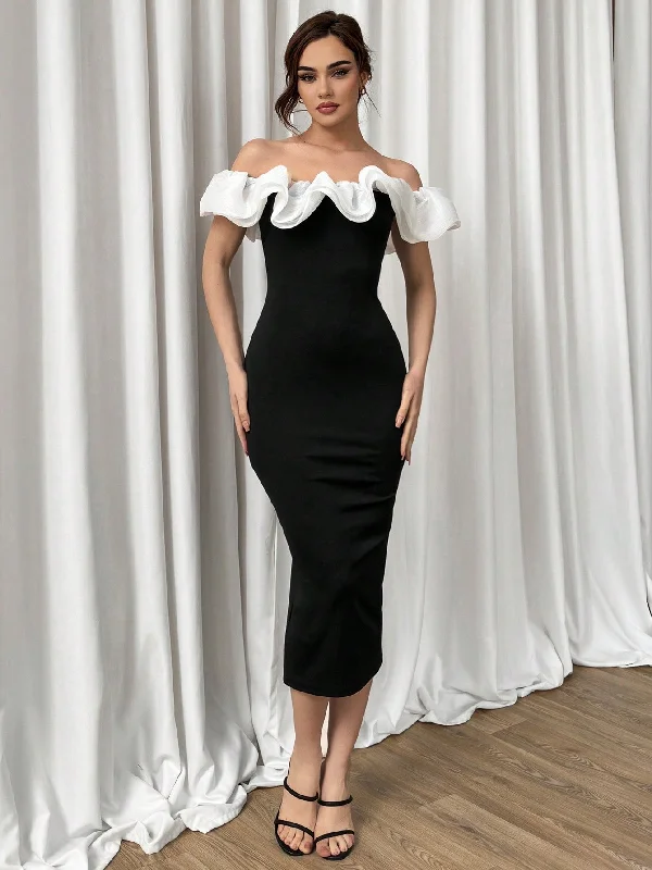 Sexy backless evening dresses with a deep V - cutSHEIN Aloruh Women's Summer Clothes Elegant Romantic Date Party Dinner Wedding Season Graduation Season Guest Dress Vacation Temperament Fashionable Black And White Contrast Color One-Shoulder Ruffled Organza Spliced Slim Long Dress