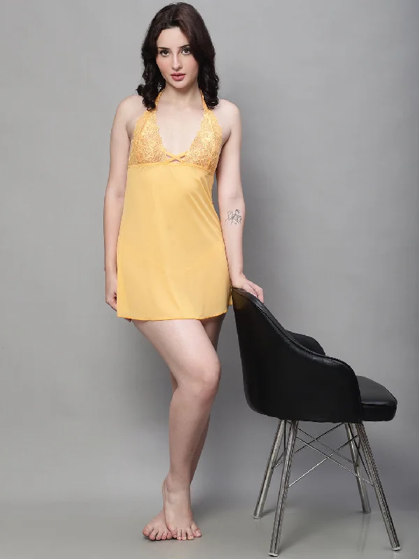 Purple sexy dresses for a regal and mysterious appealBabydoll Overall Net Backless Dress - Yellow
