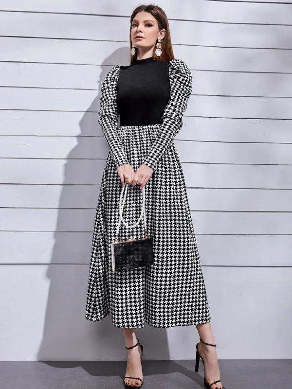Sexy Christmas dresses for a festive occasionModely Mock Neck Leg-of-mutton Sleeve Houndstooth Dress