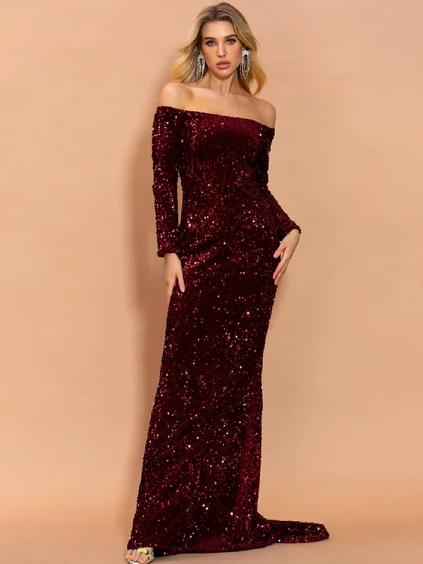Gold - toned sexy dresses for a glamorous eventOff Shoulder Sequin Fishtail Prom Dress Gold - toned sexy dresses for a glamorous eventOff Shoulder Sequin Fishtail Prom Dress