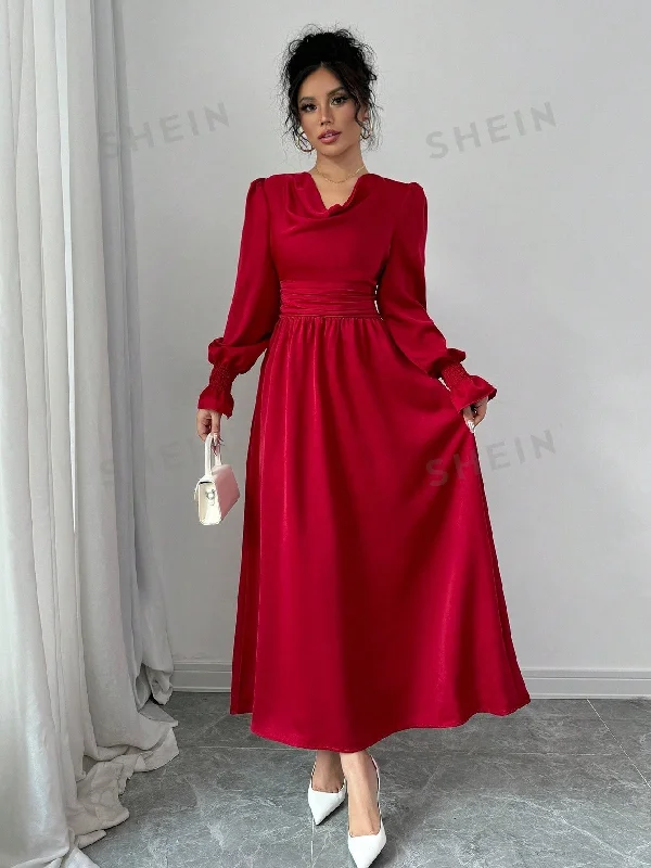 Fringe - trimmed sexy dresses for a 1920s - inspired lookElenzya Solid Color Pleated Waist Swing Dress With Long Sleeves Fringe - trimmed sexy dresses for a 1920s - inspired lookElenzya Solid Color Pleated Waist Swing Dress With Long Sleeves