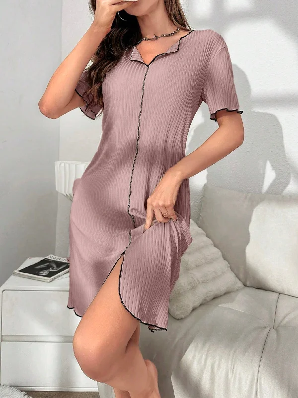 Sexy Valentine's Day dresses for a romantic dateContrast Binding Lettuce Trim Ribbed Knit Split Hem Lounge Dress