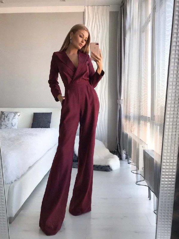 Women's Sheer Lingerie Nightgowns Long-sleeved solid color casual wine red trousers jumpsuit