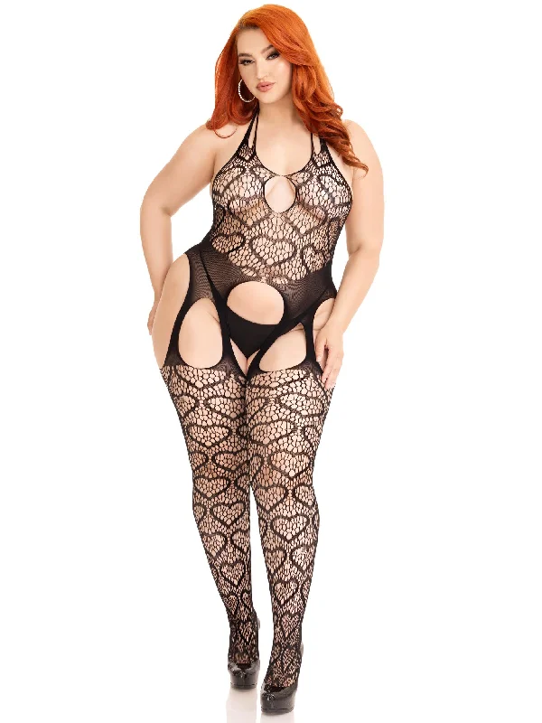 Nylon stockings for a smooth and shiny finishSeamless Heart Net Suspender Bodystocking - 1x/2x  - Black