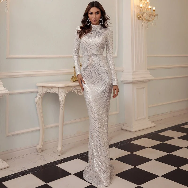 Ruffled sexy dresses for a playful lookEvening dress banquet sequin round neck long sleeve dress bridesmaid dress