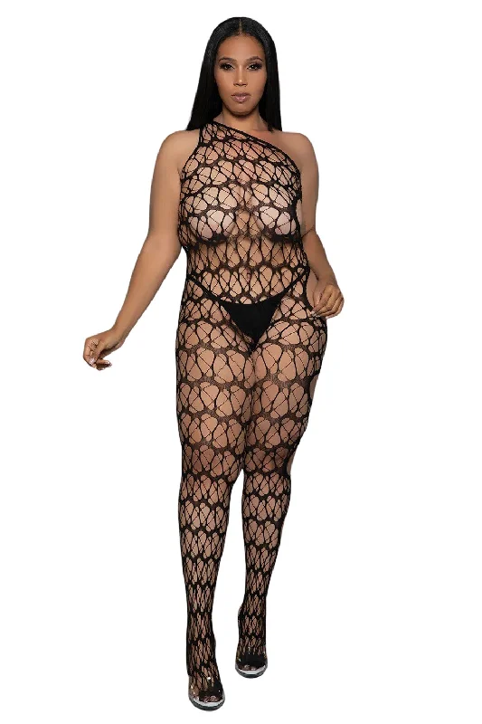 Opaque stockings in a classic black colorPlus Size Webbed One-Sleeve Bodystocking