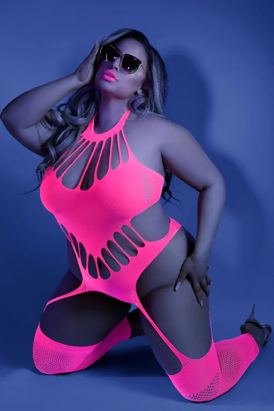 Thigh - high stockings with a lace garter beltNo Promises Teddy Bodystocking - One Size - Neon  Pink