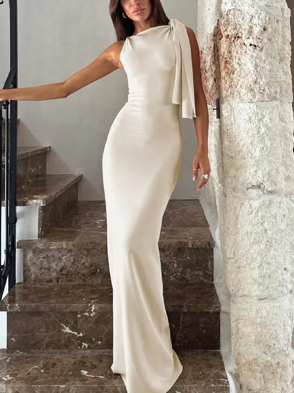 Leather - look sexy dresses for an edgy styleSolid One Shoulder Mermaid Hem Elegant Longline Dress