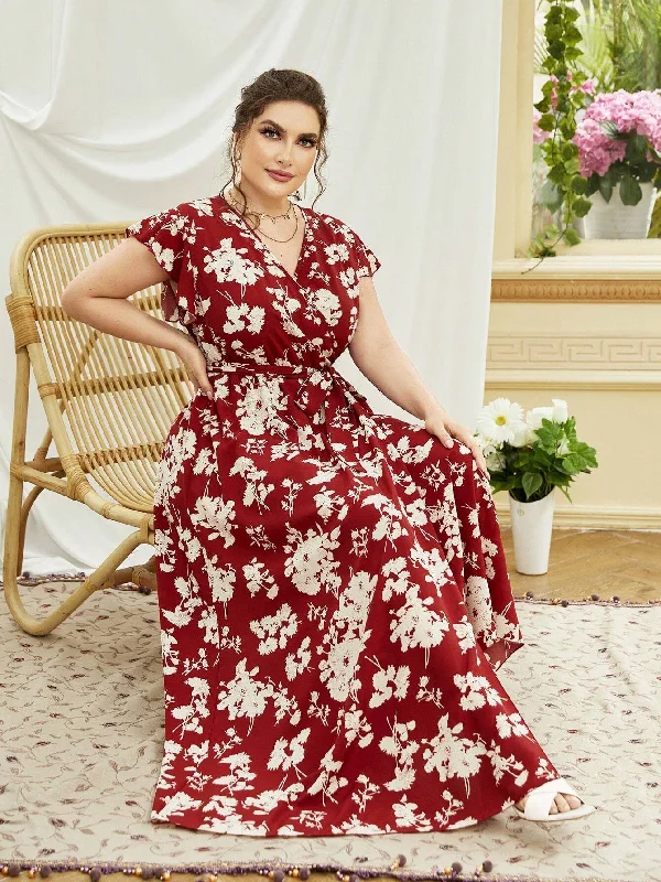 Orange sexy dresses for a bold and energetic statementSHEIN Mulvari Plus Floral Print Butterfly Sleeve Belted Dress