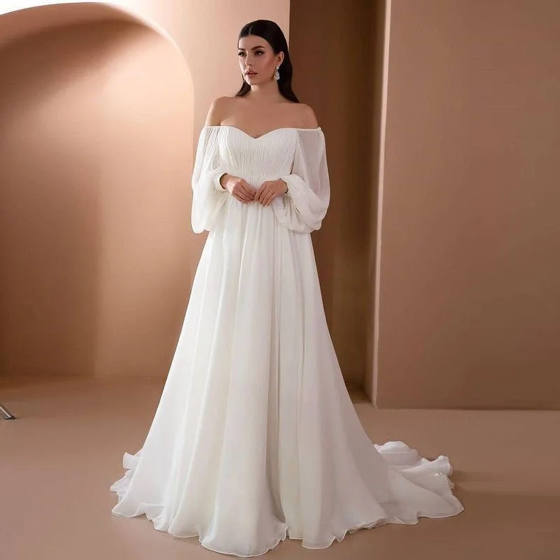 Embroidered sexy dresses for a decorative touchOne-shoulder wedding party long-sleeved dress solid color chiffon long dress