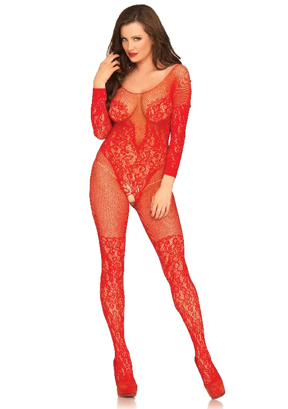 Gold - toned stockings for a glamorous touchVine Lace & Net Long Sleeved Bodystocking - One  Size - Red