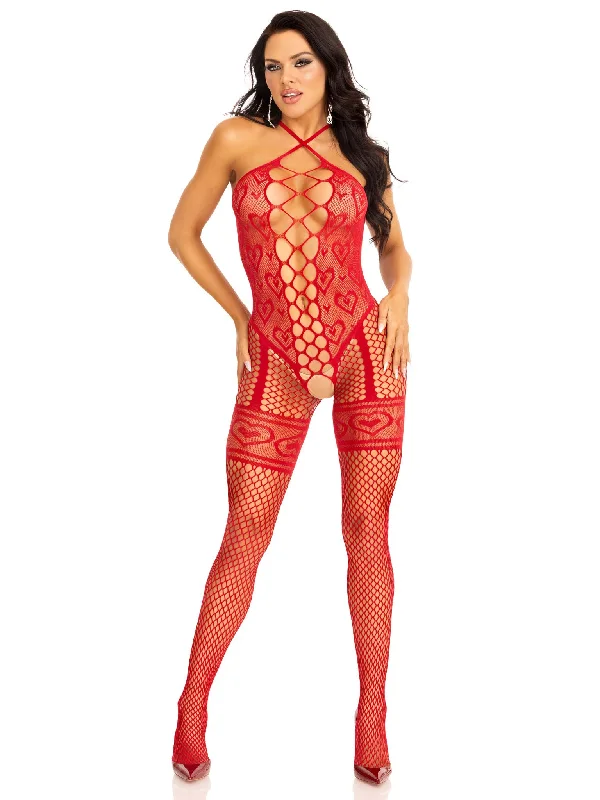 Over - the - knee stockings with a thigh - high designHeart Net Halter Bodystocking - One Size - Red