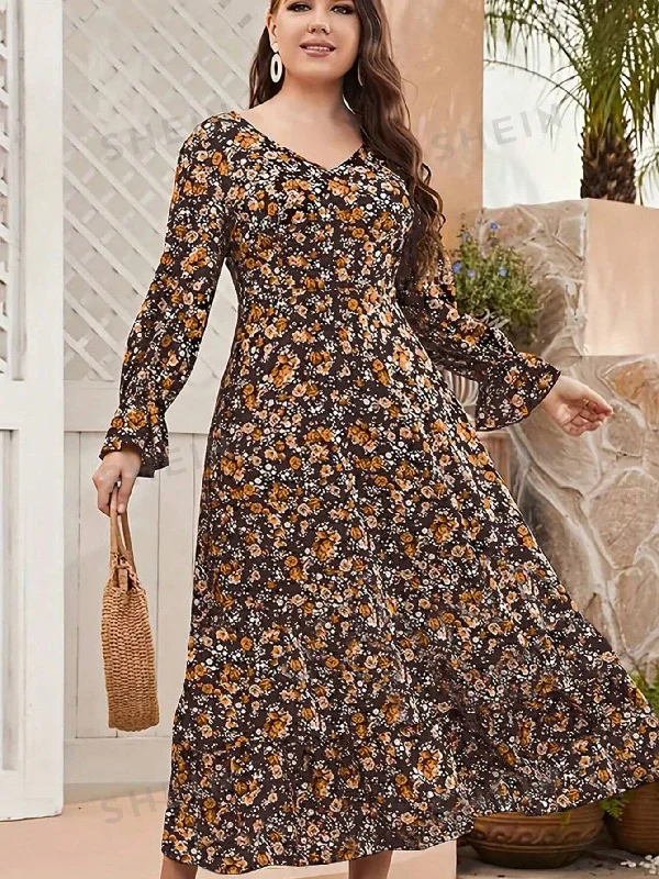Sexy high - low dresses with a daring frontPlus Size V-neck Lotus Leaf Sleeve Long Sleeve Printed Dress