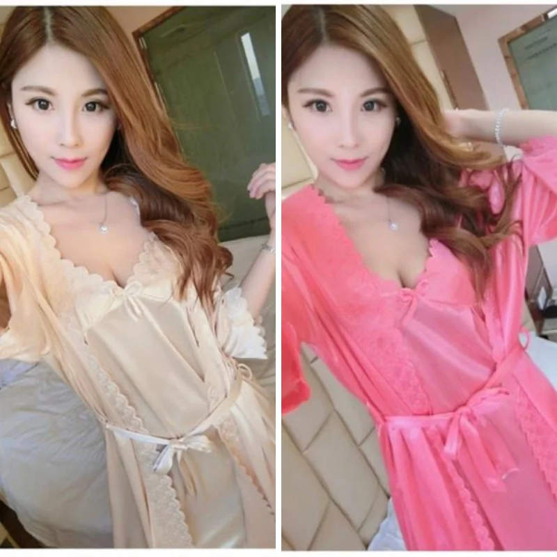 High - necked sexy dresses with a low - back detailPack Of 2 - Short Night Dress & Full Sleeves Robe - Pink & Skin