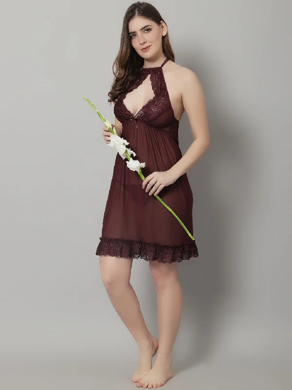 Lace - covered sexy dresses for a feminine allureBabydoll Overall Net Diamond Neck Dress - Wine