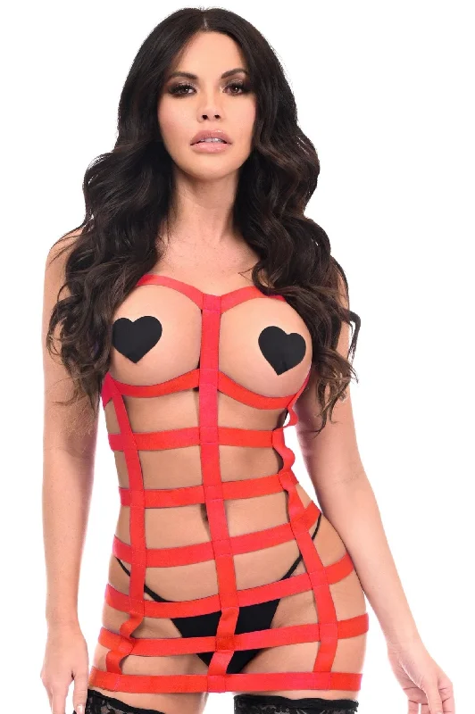Chiffon sexy dresses for a flowy and elegant appearanceRuby Red Stretch Harness Dress with Silver Embellishments