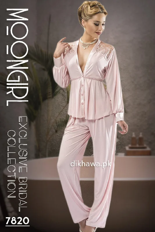 High - necked sexy dresses with a low - back detailMoongirl - Exclusive Bridal Wedding Nightdress & 2Pc Pajama Set Rose Pink 7820 - Turkish Brand