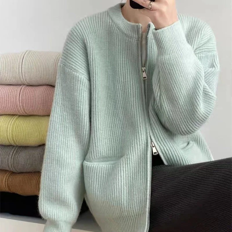 Women's Lingerie with Matching Robes Retro solid color lazy style pit double zipper knitted cardigan